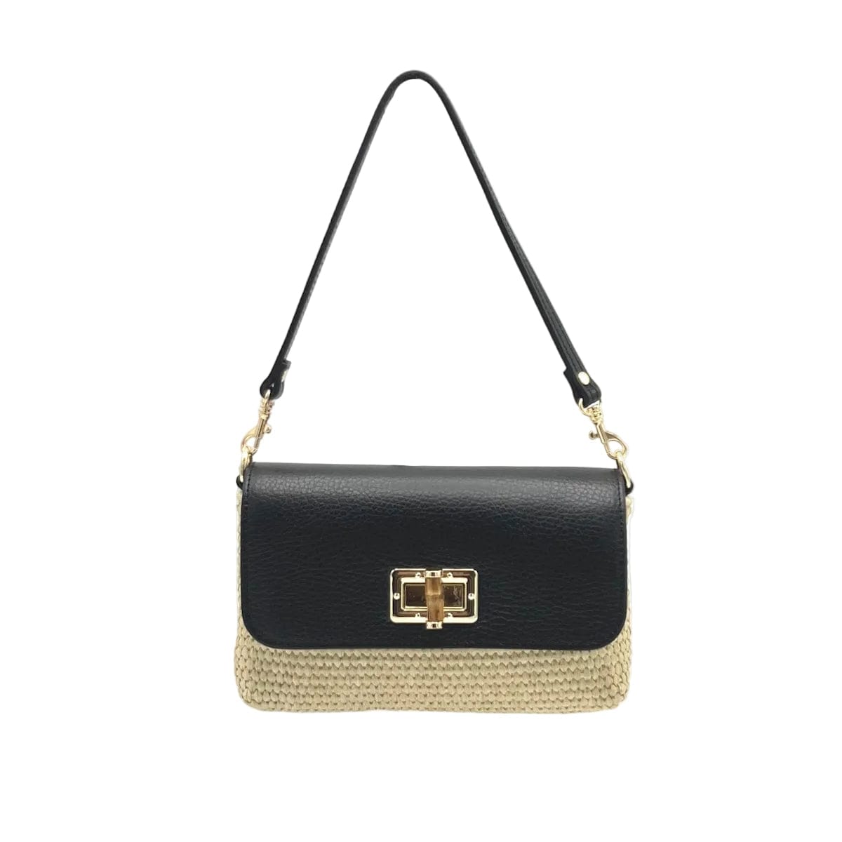 Orbetello raffia and leather shoulder bag featuring a dark navy leather top, natural raffia base and gold hardware