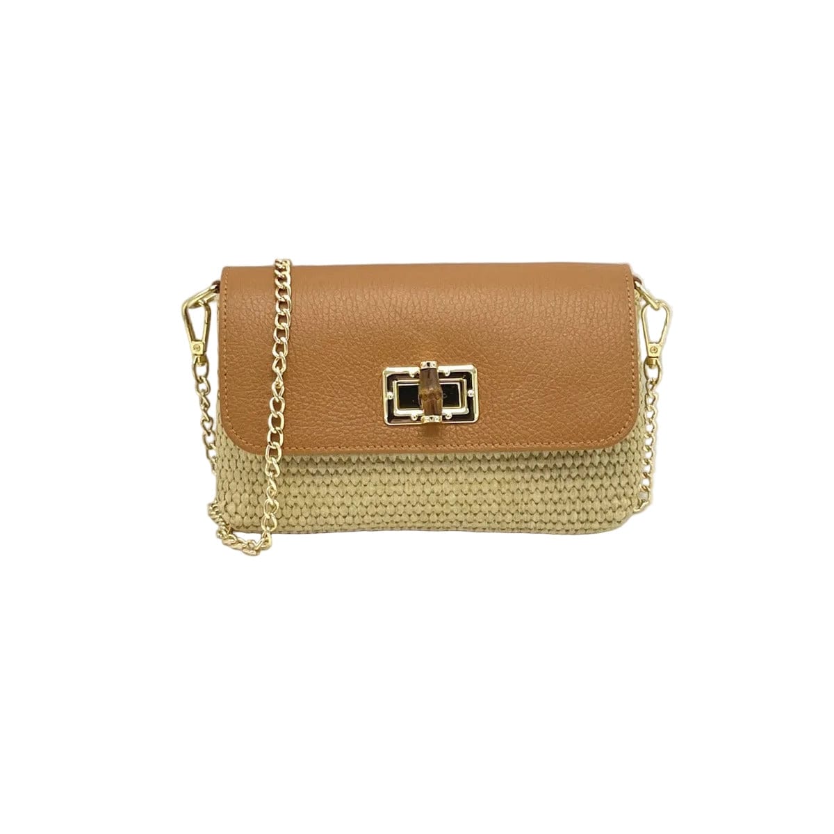 Raffia and leather shoulder bag with a tan leather flap and gold hardware on a delicate chain strap.