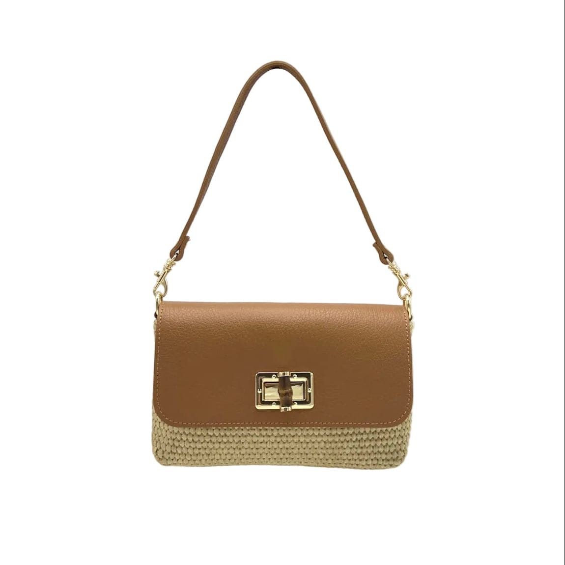 Tan and straw shoulder bag with a gold clasp on a white background