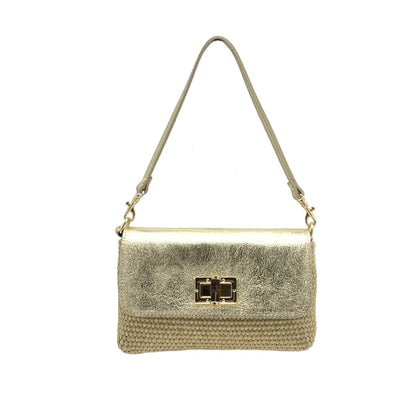 Gold clutch bag with a leather strap on a white background