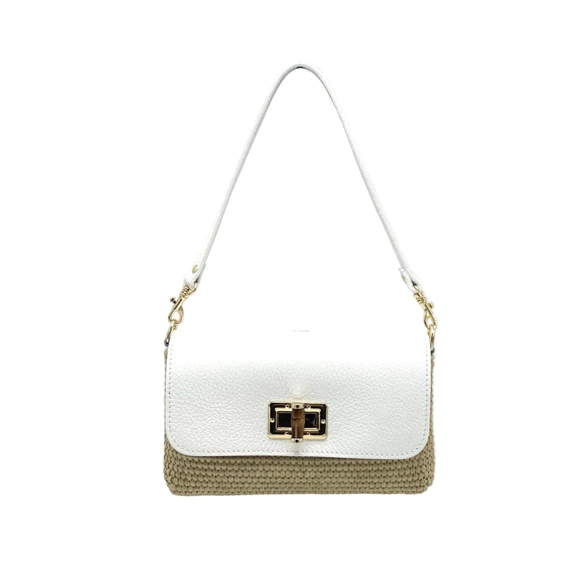 Orbetello raffia and leather shoulder bag in white leather top with natural raffia bottom and gold hardware