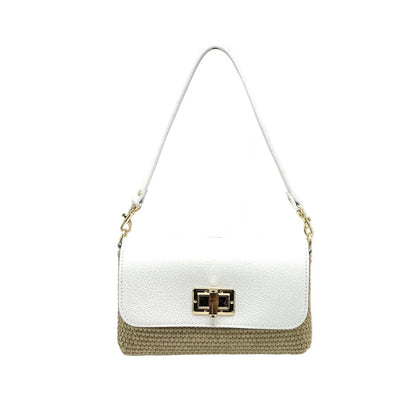 Orbetello raffia and leather shoulder bag in white leather top with natural raffia bottom and gold hardware