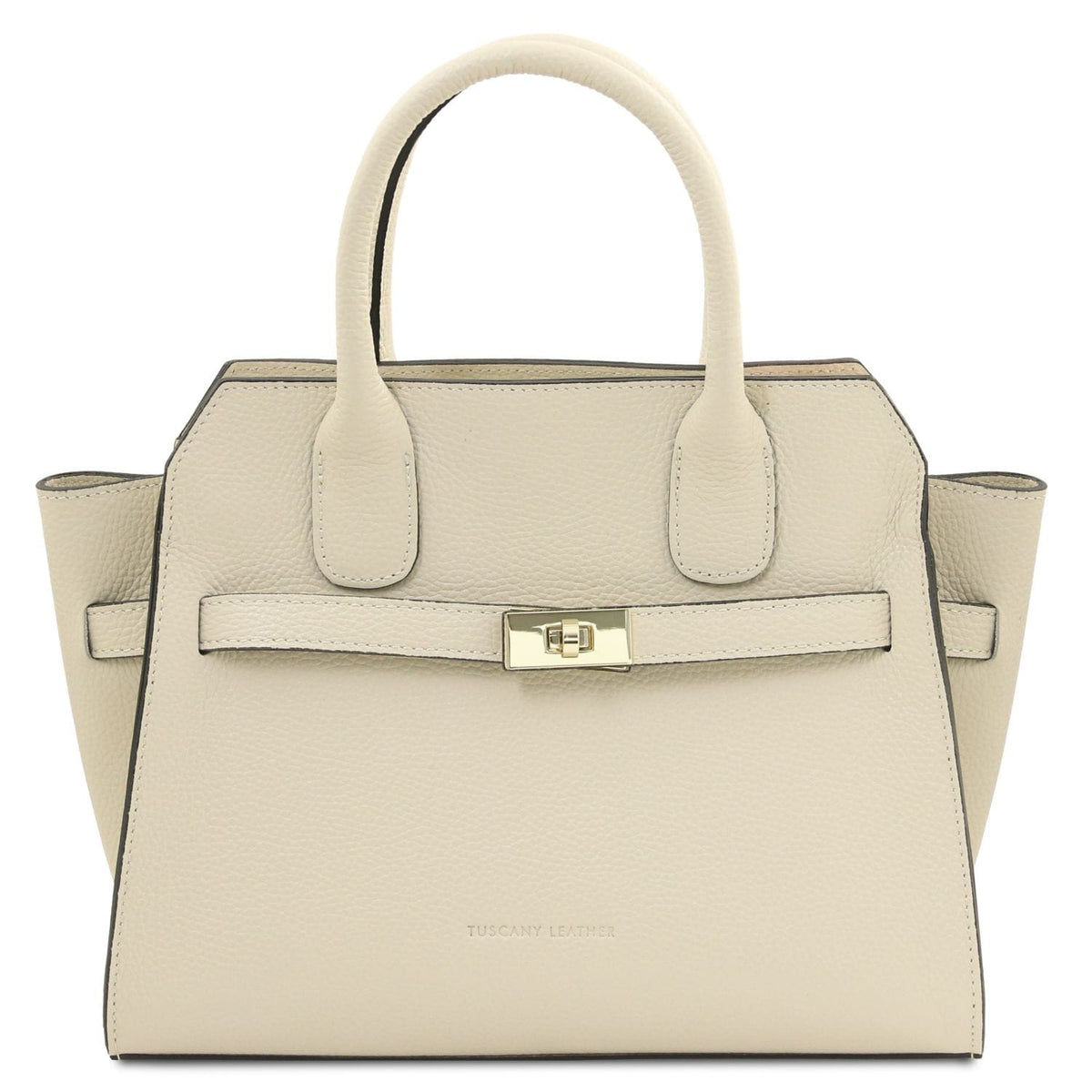 Beige handbag with a gold clasp sobre fondo blanco
