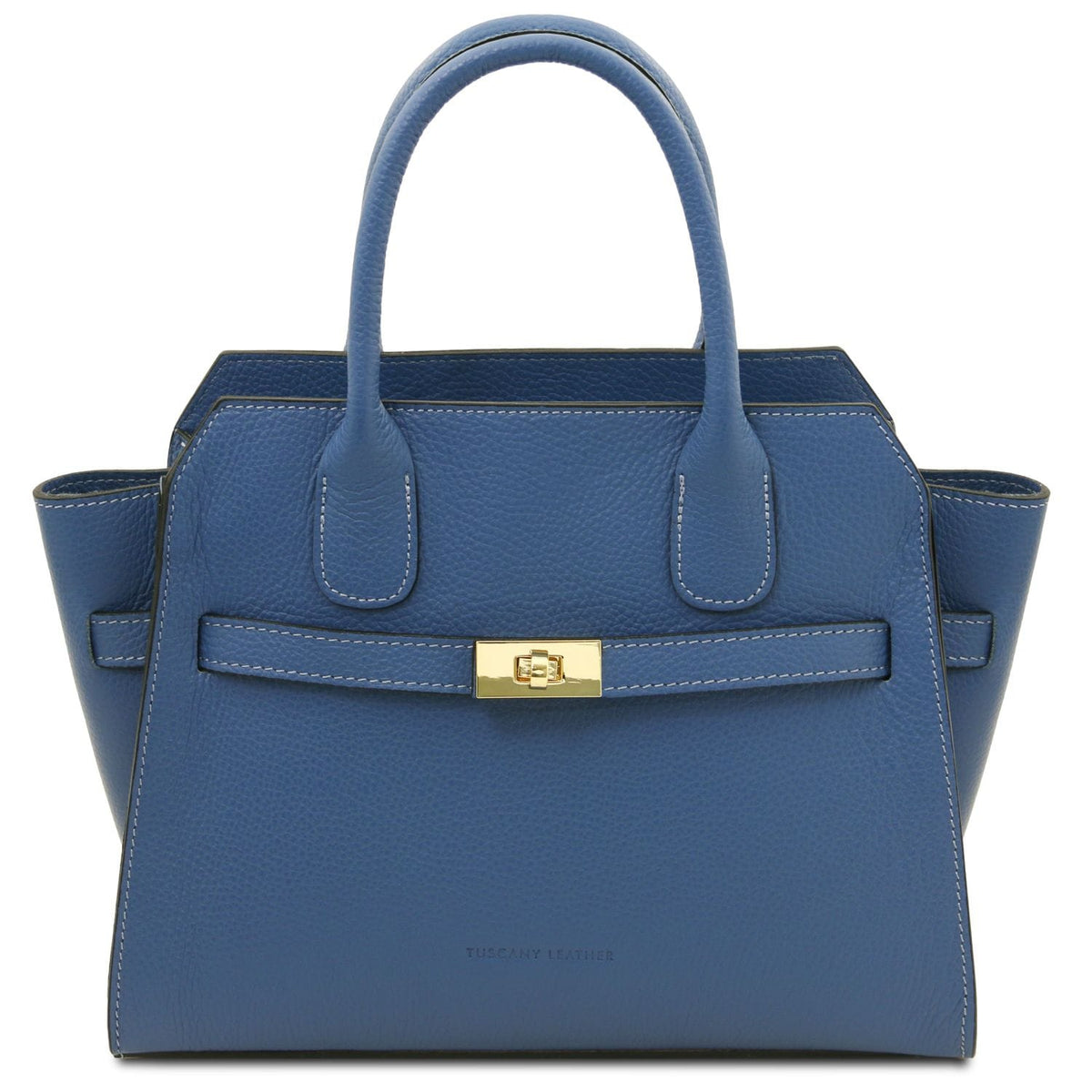 Blue Origami leather tote with dos asas superiores and front gold clasp detail.