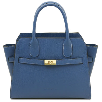 Blue Origami leather tote with dos asas superiores and front gold clasp detail.