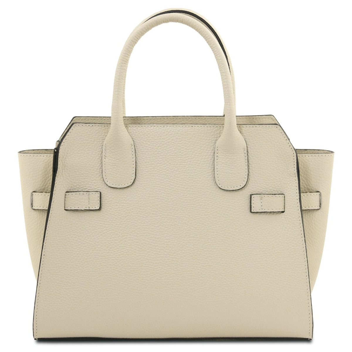Beige textured leather tote with dos asas superiores and subtle black edging