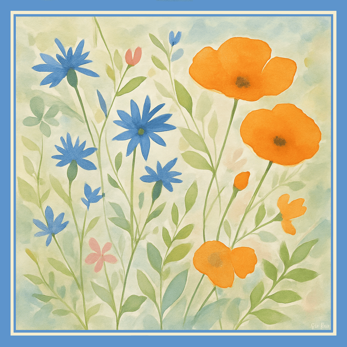 Sjaals 90x90 cm / Zijdensatijn 85 gsm (100% silk) / Klassiek (eenzijdig) Papaveri e Fiordalisi zijden sjaal San Rocco Italia