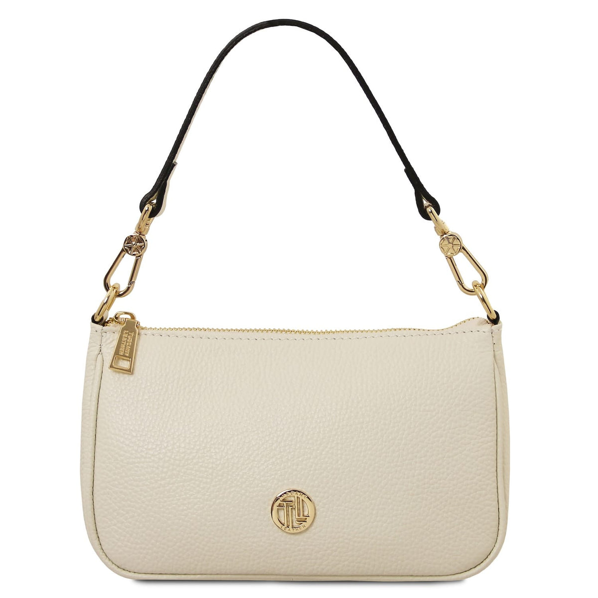 Beige Parfait leather clutch with black top handle and gold logo emblem