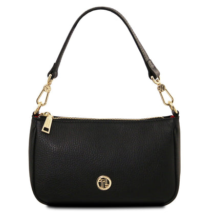 Black Parfait leather clutch with gold zipper and circular gold logo medallion and removable strap