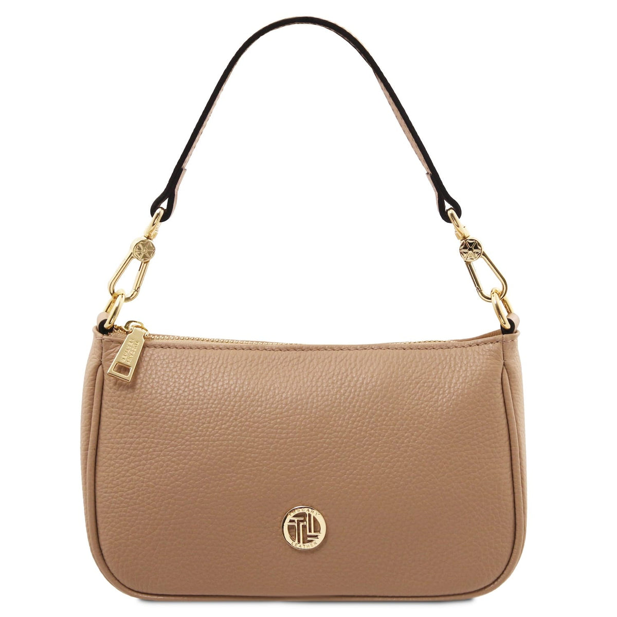Taupe Parfait leather clutch with black top handle and gold hardware