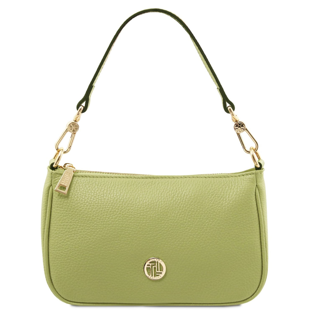 Lime green Parfait leather clutch with gold hardware and detachable shoulder strap.