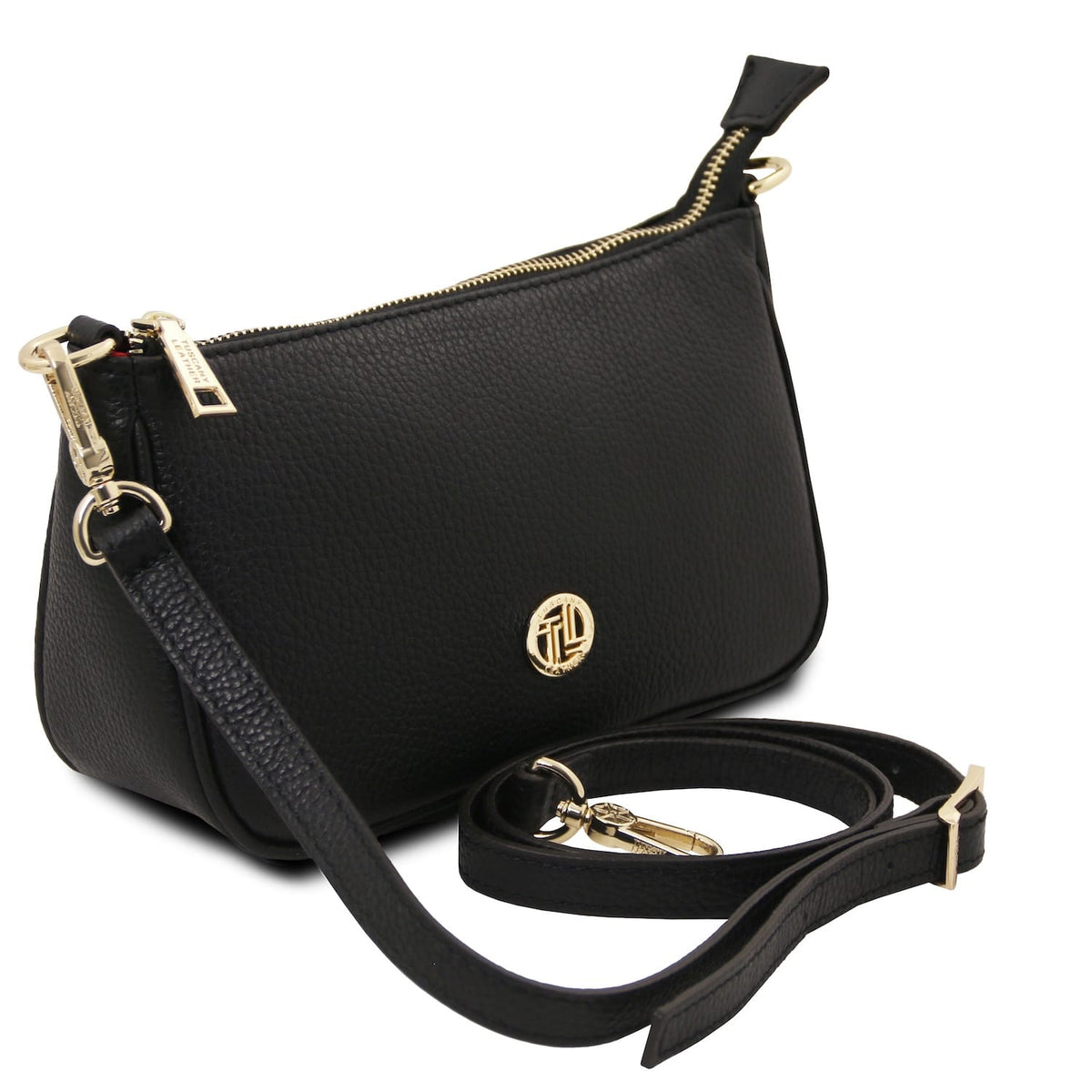 Side view of black Parfait leather clutch with top gold zipper and detachable shoulder strap