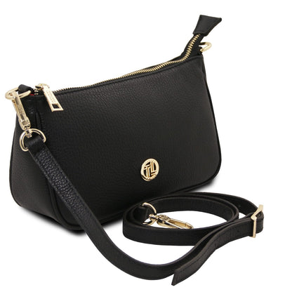 Side view of black Parfait leather clutch with top gold zipper and detachable shoulder strap