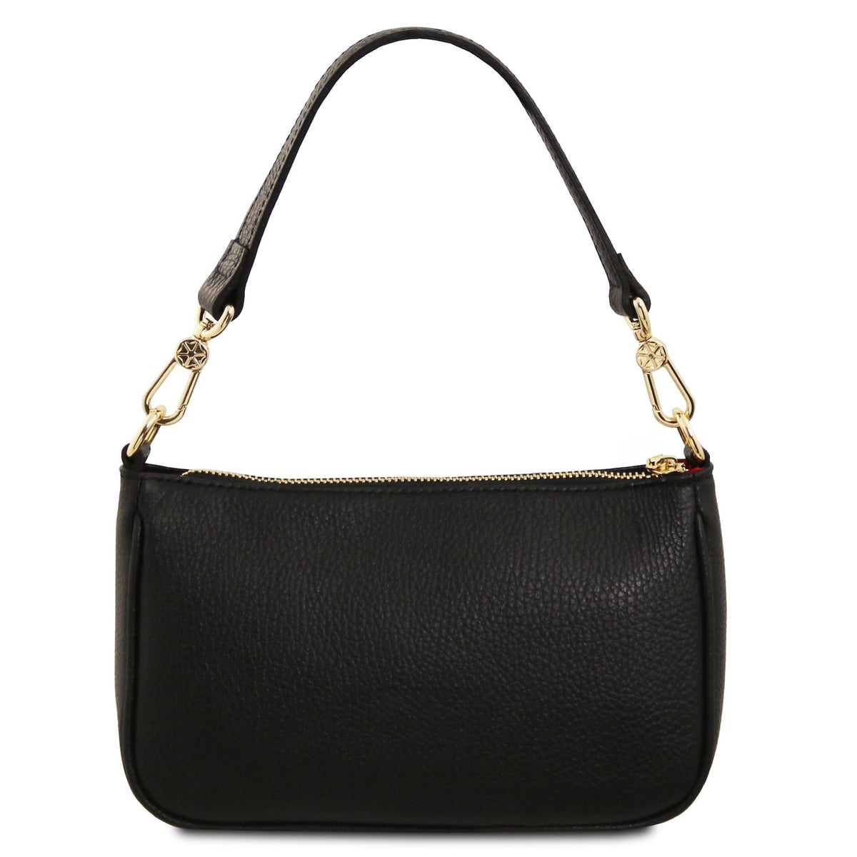 Parfait black leather clutch with textured grain, gold-tone hardware and detachable chain strap.