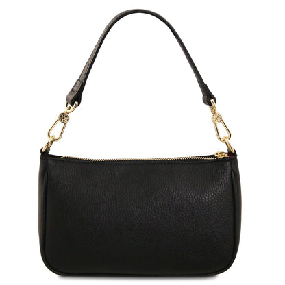 Parfait black leather clutch with textured grain, gold-tone hardware and detachable chain strap.