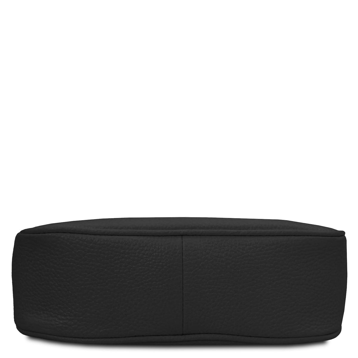 Bottom view of Parfait leather clutch in black showing rounded edges and centered seam.