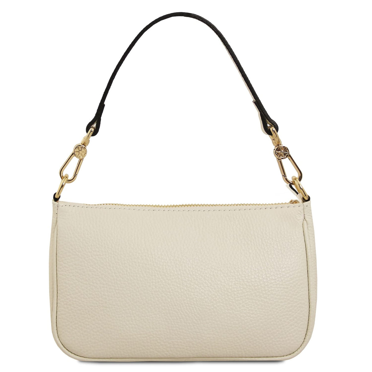 Beige pebbled leather crossbody bag with gold hardware and detachable two-tone strap.