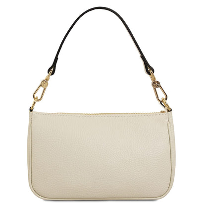 Beige pebbled leather crossbody bag with gold hardware and detachable two-tone strap.