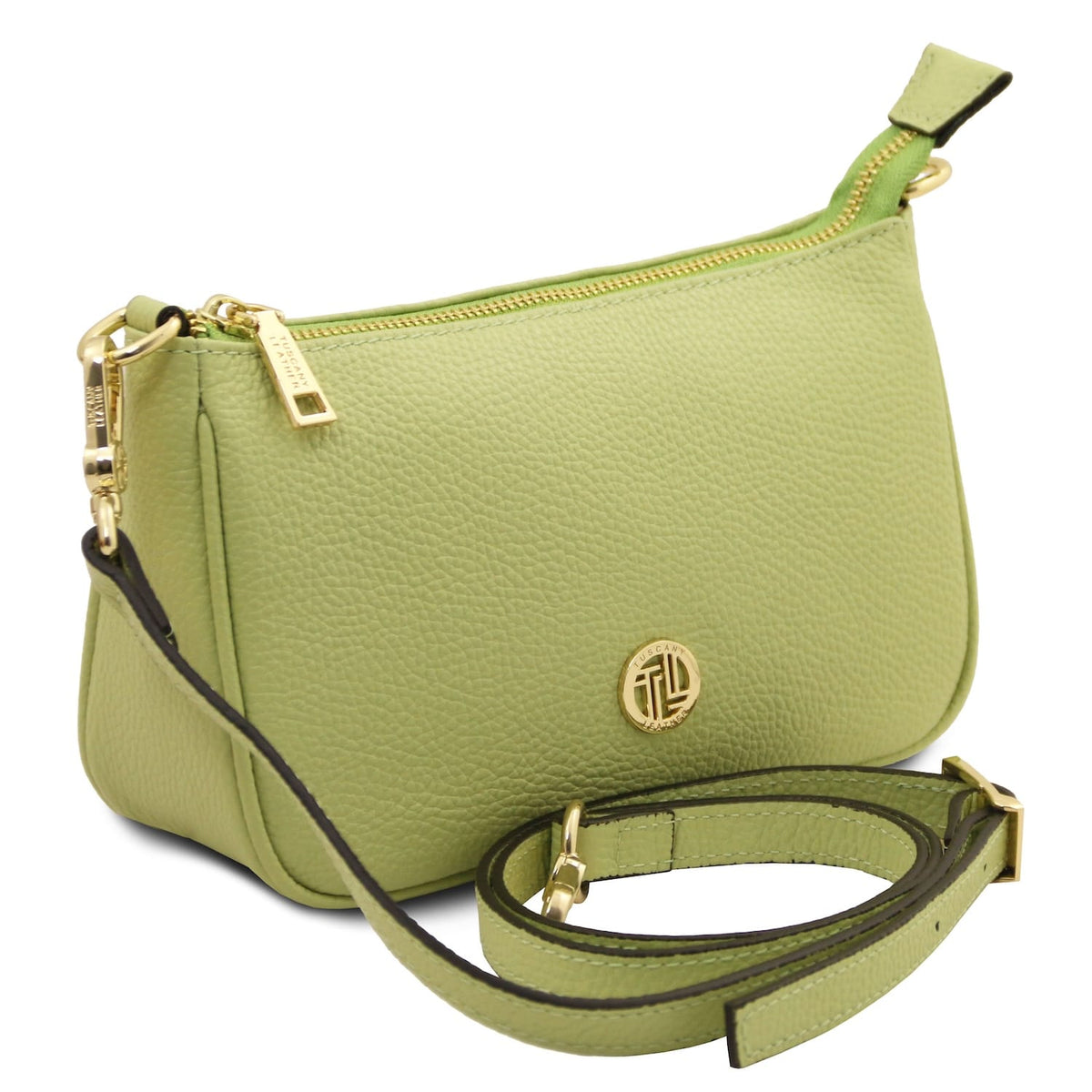 Lime green textured leather crossbody bag with top zipper and detachable strap.
