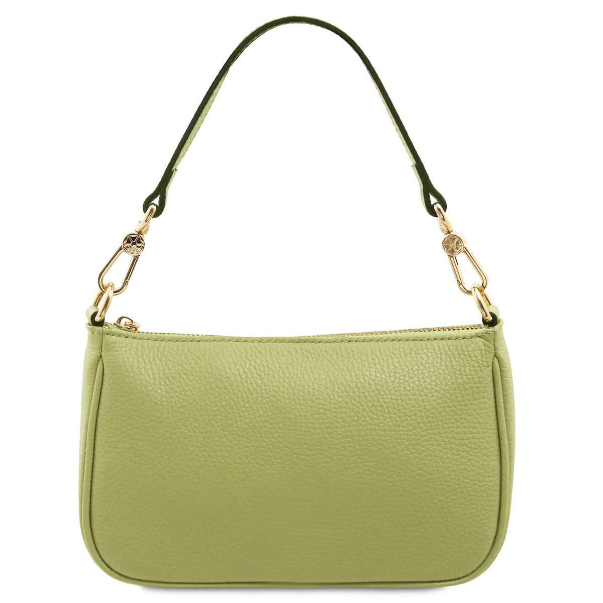 Lime green pebbled leather clutch with a short detachable strap and gold-tone hardware.