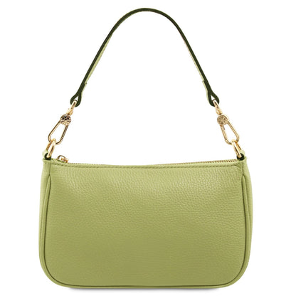 Lime green pebbled leather clutch with a short detachable strap and gold-tone hardware.