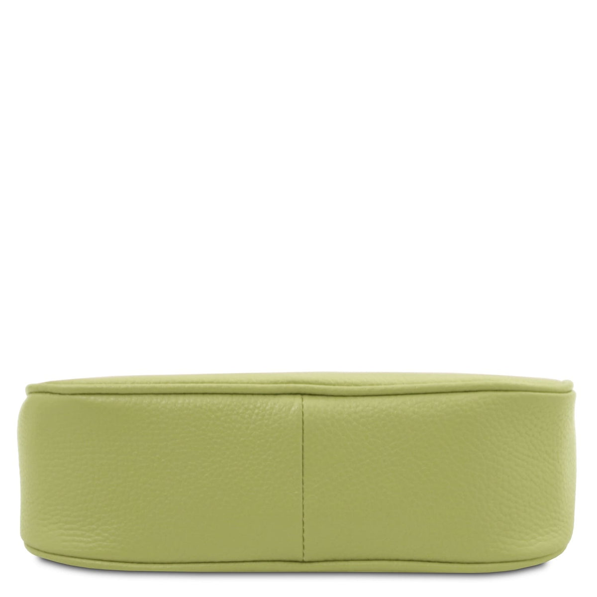 Open lime green leather clutch interior with beige lining, zip pocket, and Tuscan Leather label.