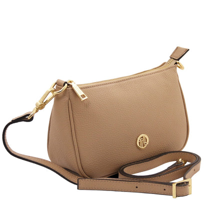 Parfait tan pebble leather clutch with gold zipper and detachable strap