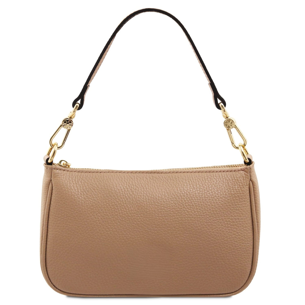 Parfait tan leather clutch with a top handle and gold hardware on a white background
