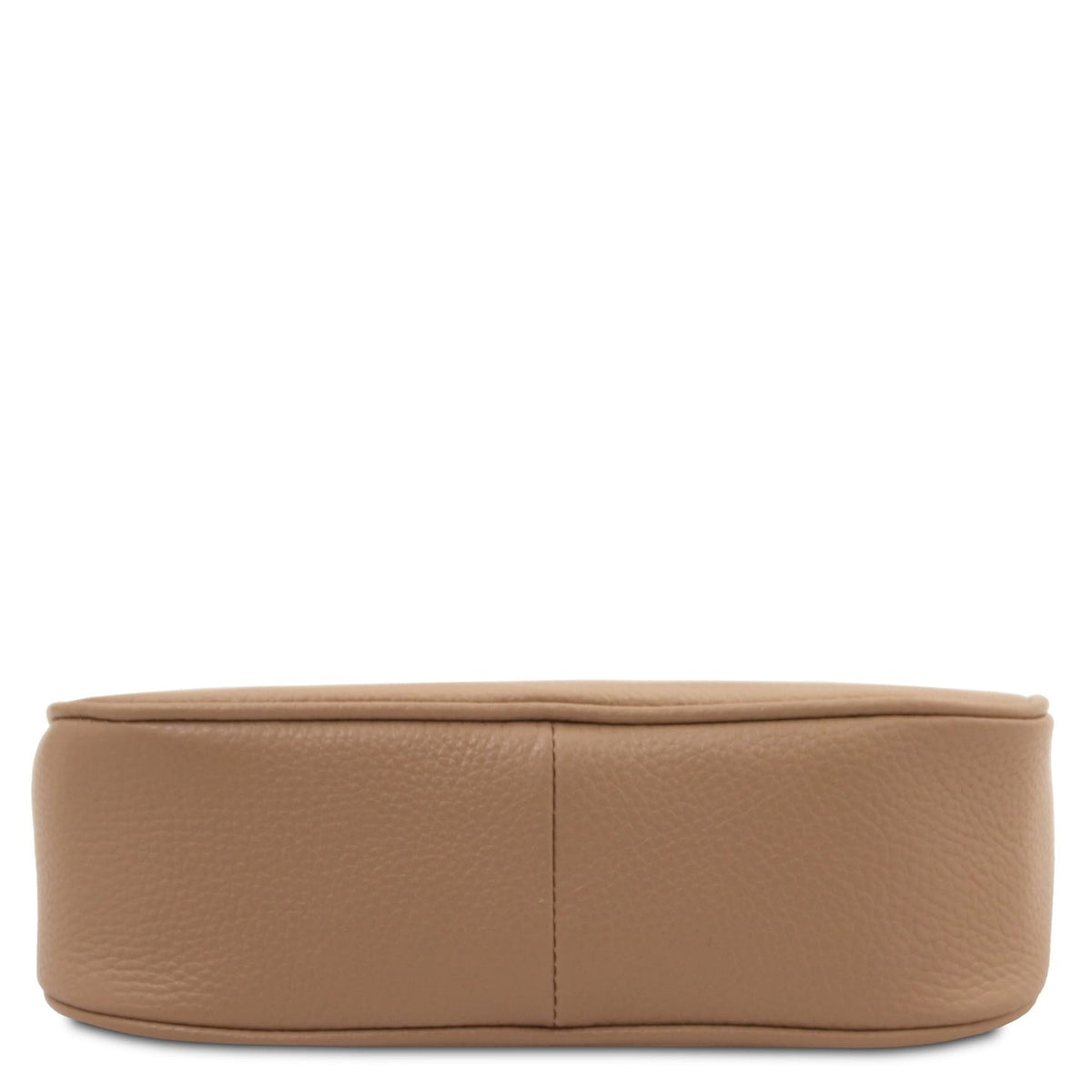 Bottom view of Parfait tan leather clutch showing rounded base and central seam