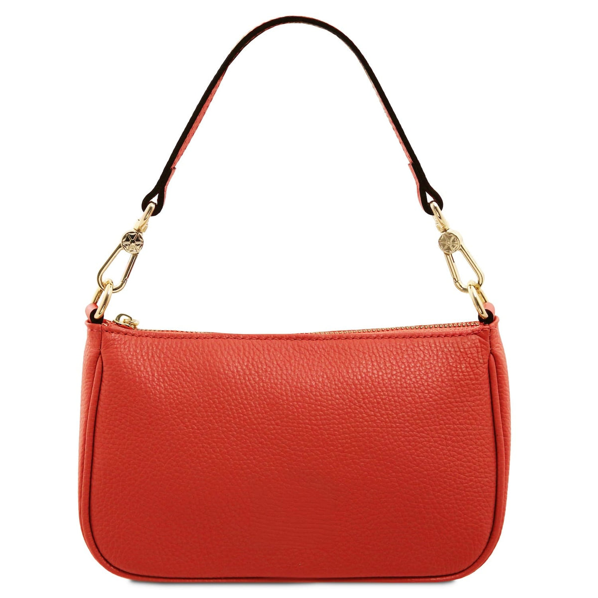 Red leather clutch with gold zipper and gold circular logo on the front against a white background