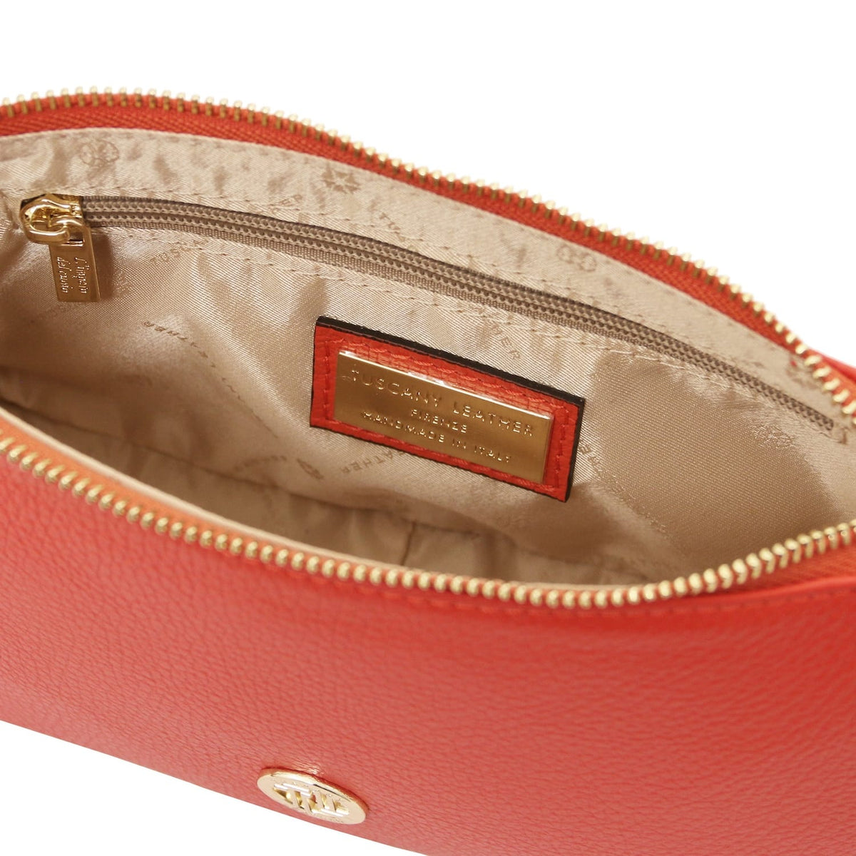 Beige patterned interior of Parfait leather clutch with zip pocket