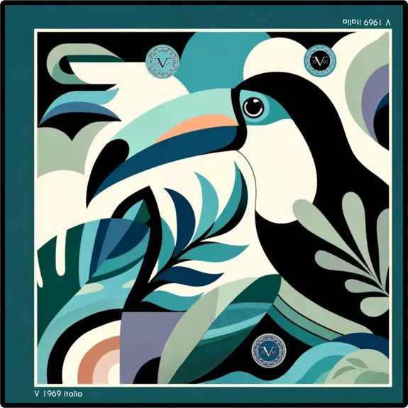 Pelican Large Square Silk Scarf | Blue (90 × 90 cm) featuring a stylized pelican with abstract leaves and geometric shapes in blue tones.