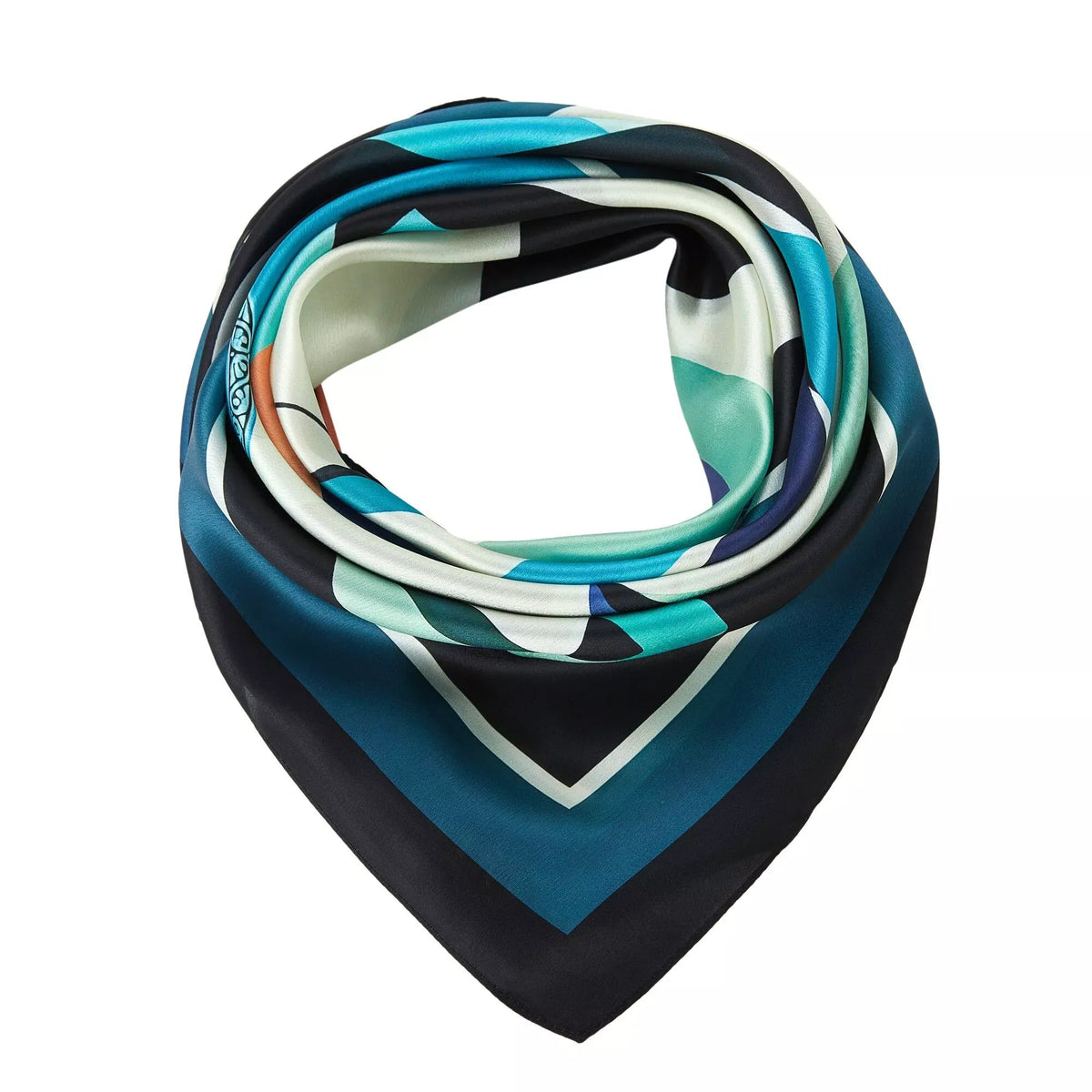 Pelican Large Square Silk Scarf | Blue (90 × 90 cm) folded to showcase teal, black, cream, and navy geometric patterns on silk fabric.