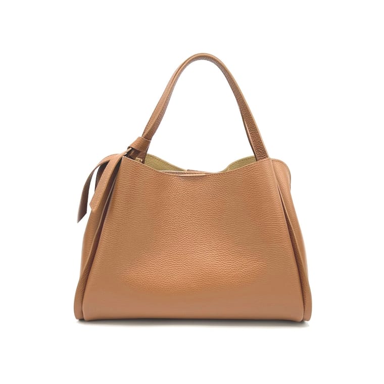 Tan Pienza Italian Leather Tote Handbag with top handles and a rounded pebbled leather silhouette