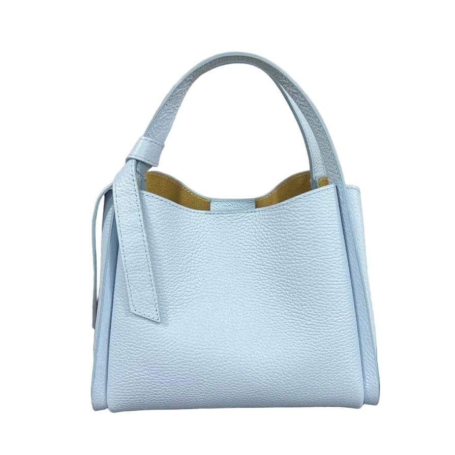 Light blue handbag with a strap on a white background