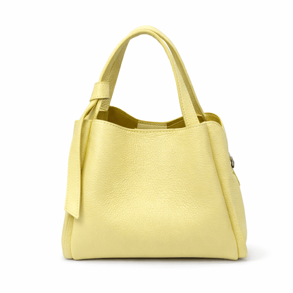 Pienza Italian leather tote handbag in yellow pebbled leather with two top handles