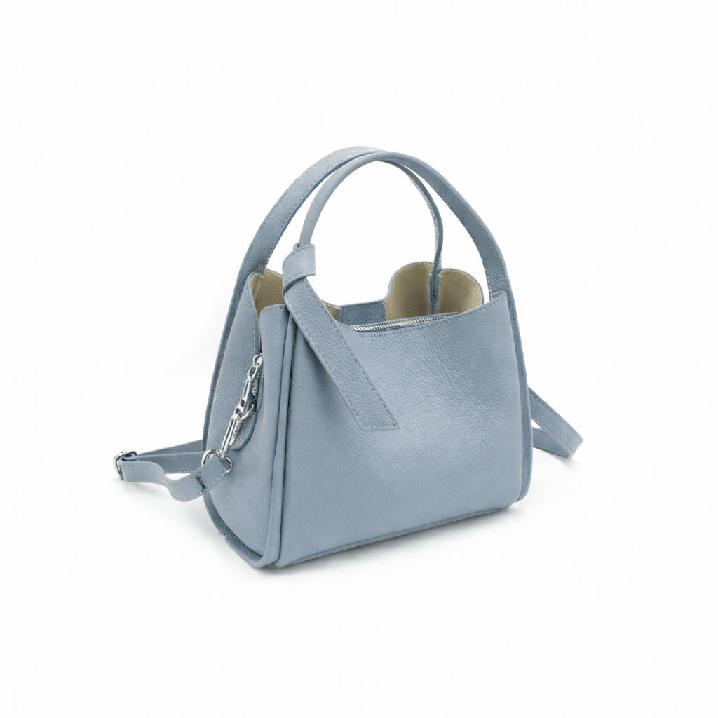 Pienza Italian Leather Tote Handbag in pale blue pebble leather with two short handles and a removable shoulder strap
