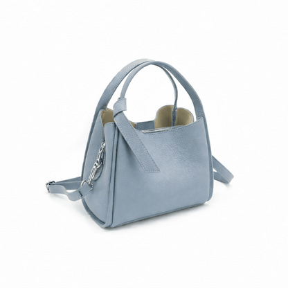 Pienza Italian Leather Tote Handbag in pale blue pebble leather with two short handles and a removable shoulder strap