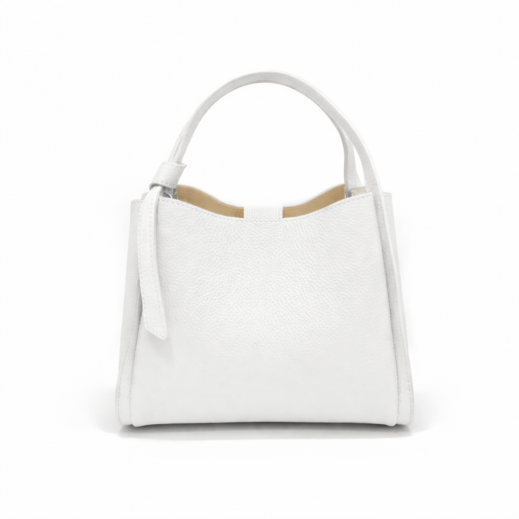 Pienza Italian leather tote handbag in white pebbled leather with rounded top opening and short handles