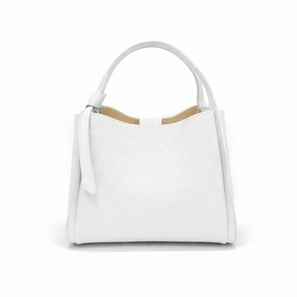 Pienza Italian leather tote handbag in white pebbled leather with rounded top opening and short handles