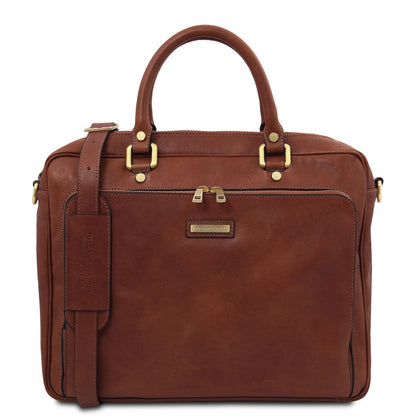 Leather laptop bags Marron Pisa - Mat leather laptop briefcase with front pocket | TL142427 San Rocco Italia