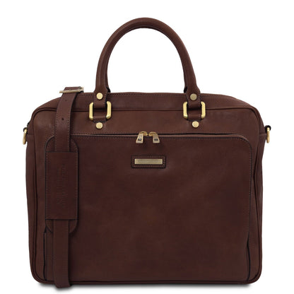 Leather laptop bags Marron foncé Pisa - Mat leather laptop briefcase with front pocket | TL142427 San Rocco Italia