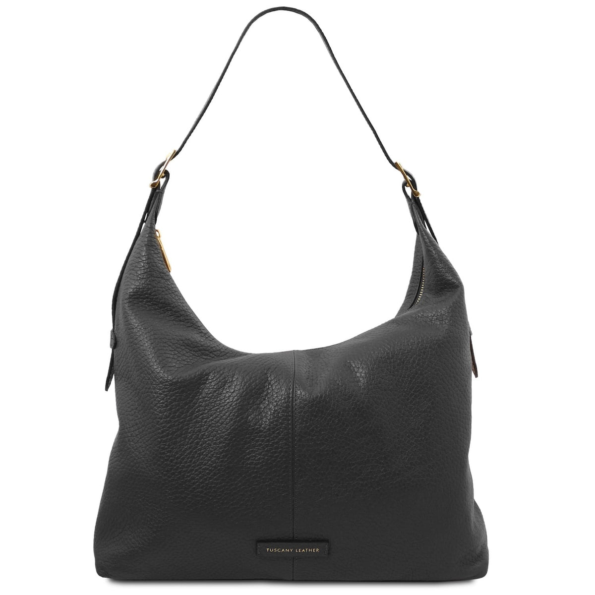 Negro leather hobo style shopper with rounded silhouette and single shoulder strap