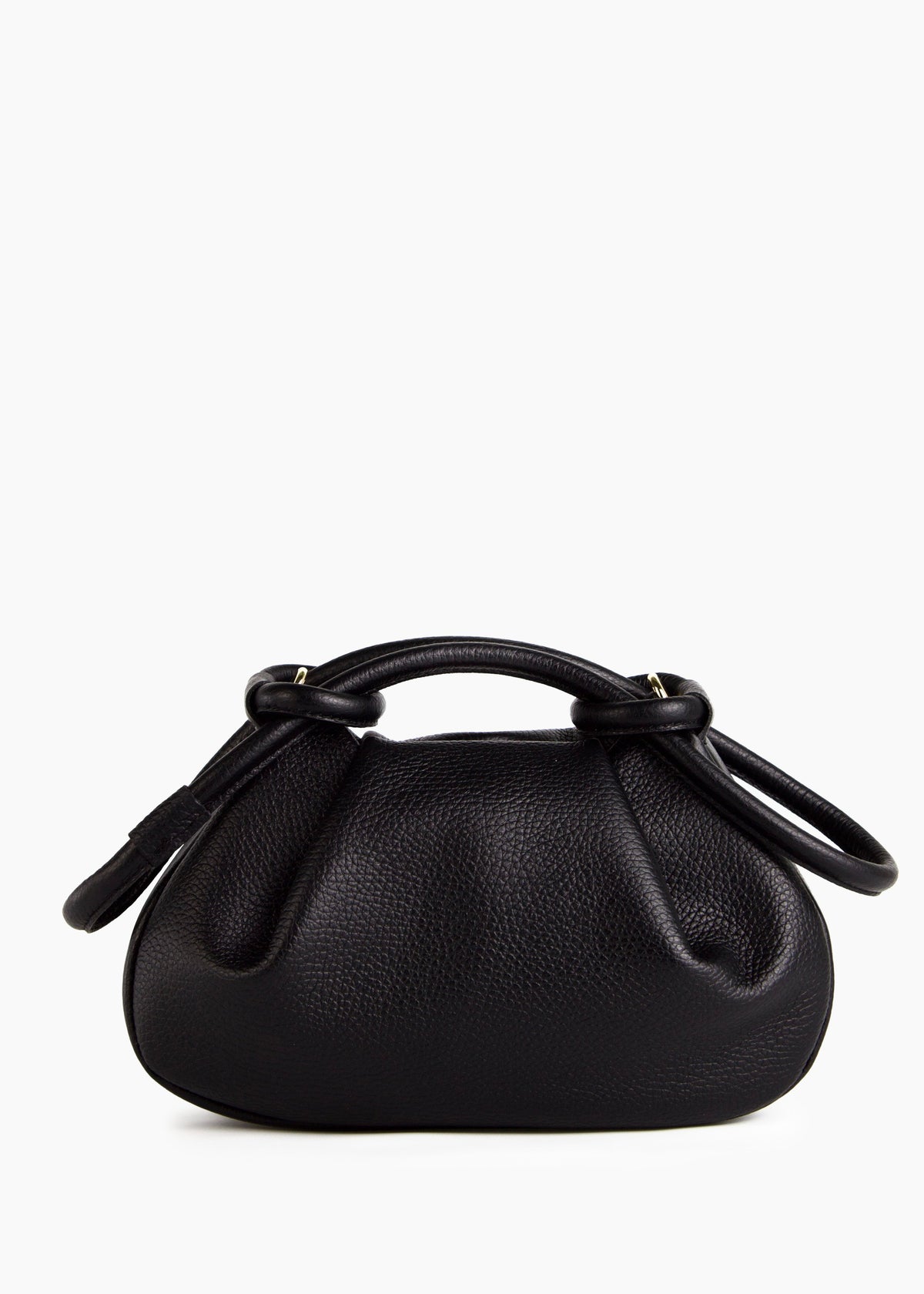 A black pebbled leather handbag with a top handle and a knotted leather detail on the handle, photographed against a plain white background.