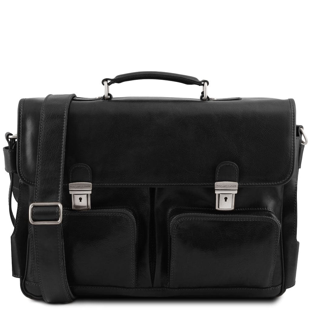 Leather laptop bags Black Ventimiglia - Leather multi compartment TL SMART briefcase with front pockets | TL142069 San Rocco Italia