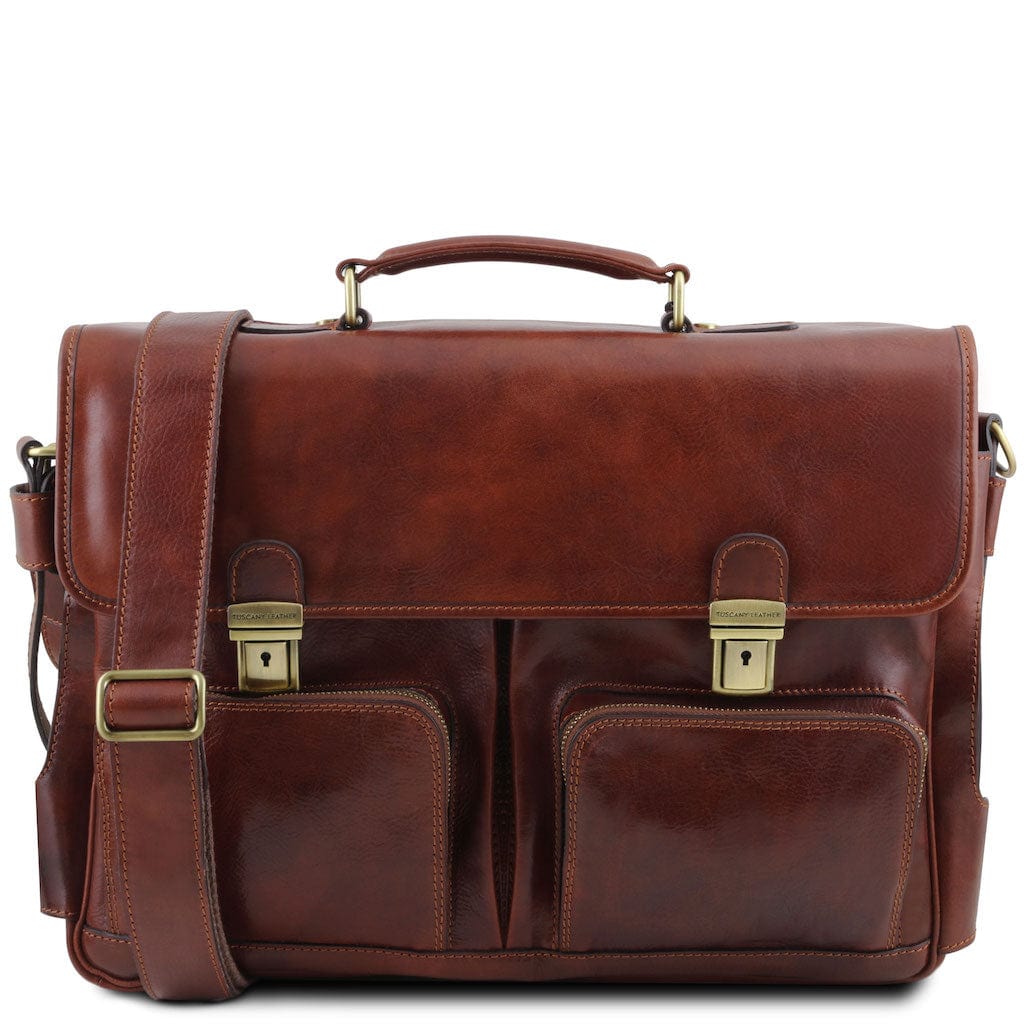 Leather laptop bags Brown Ventimiglia - Leather multi compartment TL SMART briefcase with front pockets | TL142069 San Rocco Italia