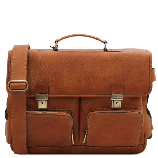 Leather laptop bags Natural Ventimiglia - Leather multi compartment TL SMART briefcase with front pockets | TL142069 San Rocco Italia