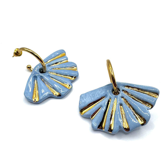 Pair of azul claro fan shaped ceramic earrings with gold detailing
