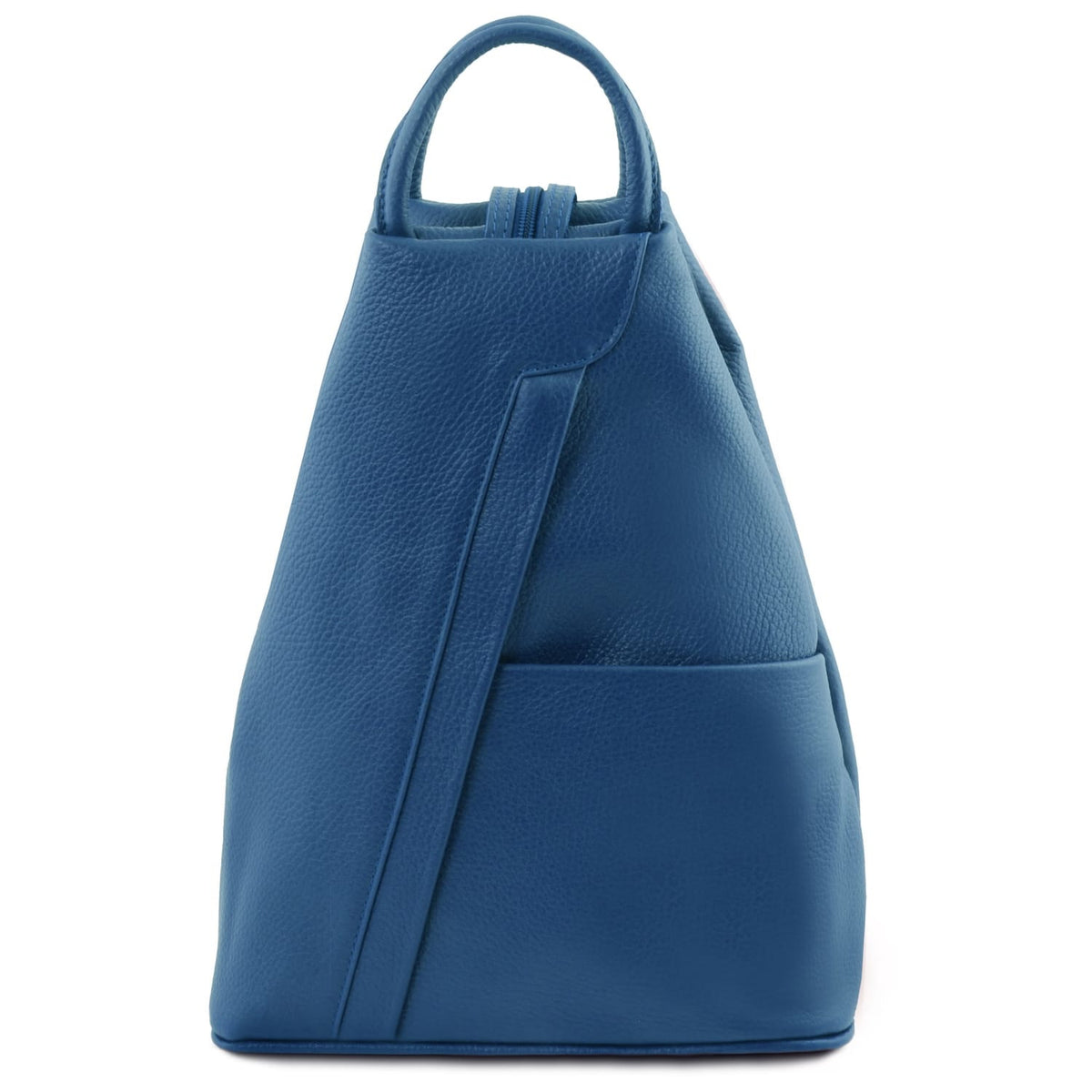 Blu pelle martellata Shanghai backpack shown from the side con manici superiori e zipper closure