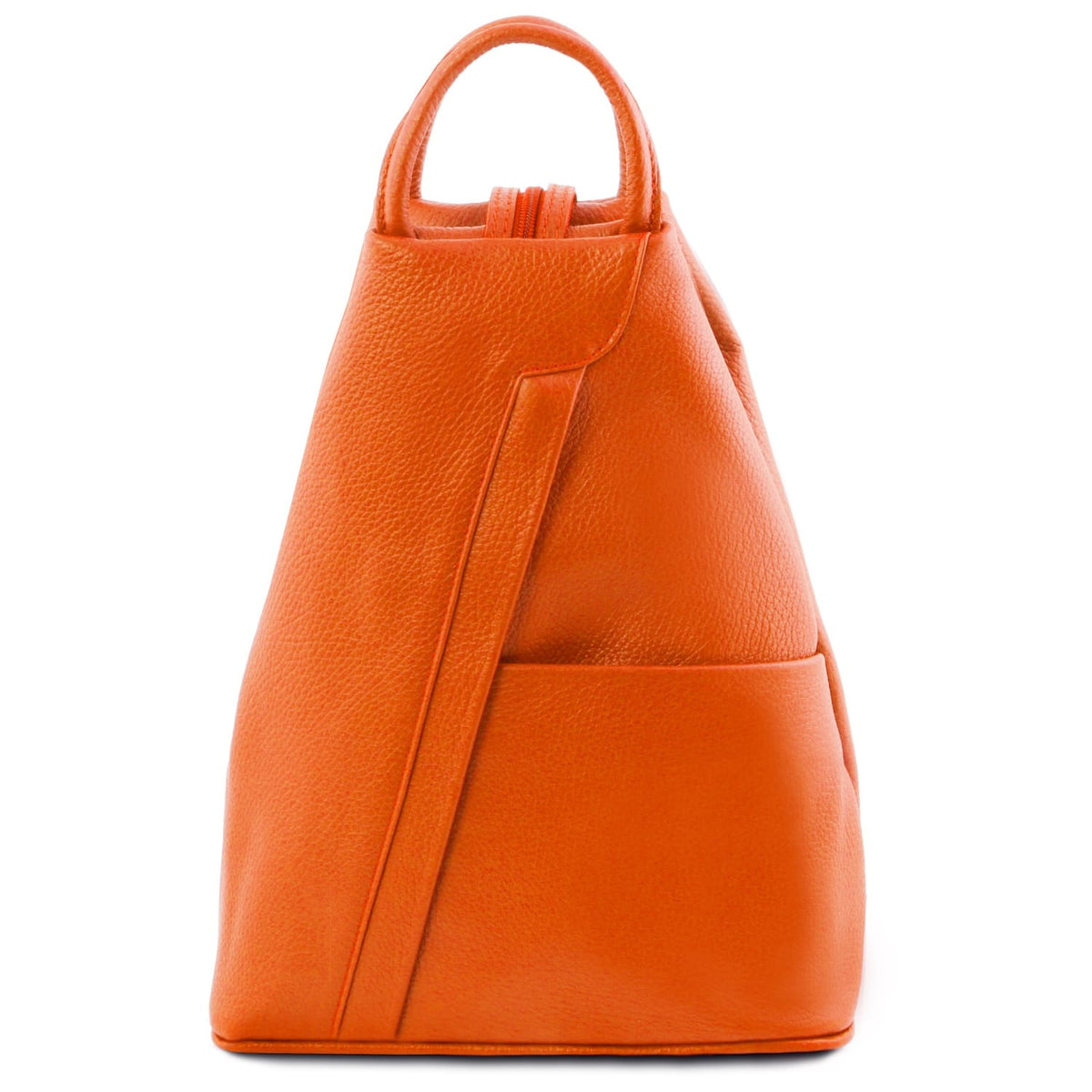 Arancione pelle martellata Shanghai backpack con a manico superiore, shown from the side